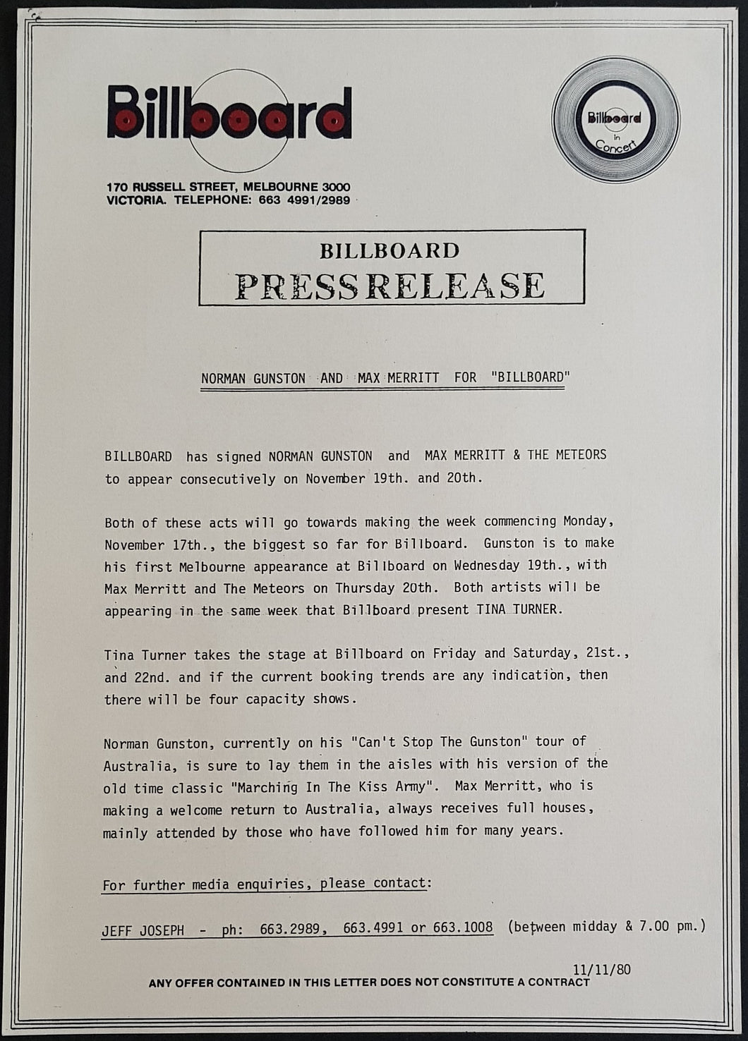 Max Merritt & The Meteors - Billboard Press Release 11/11/80