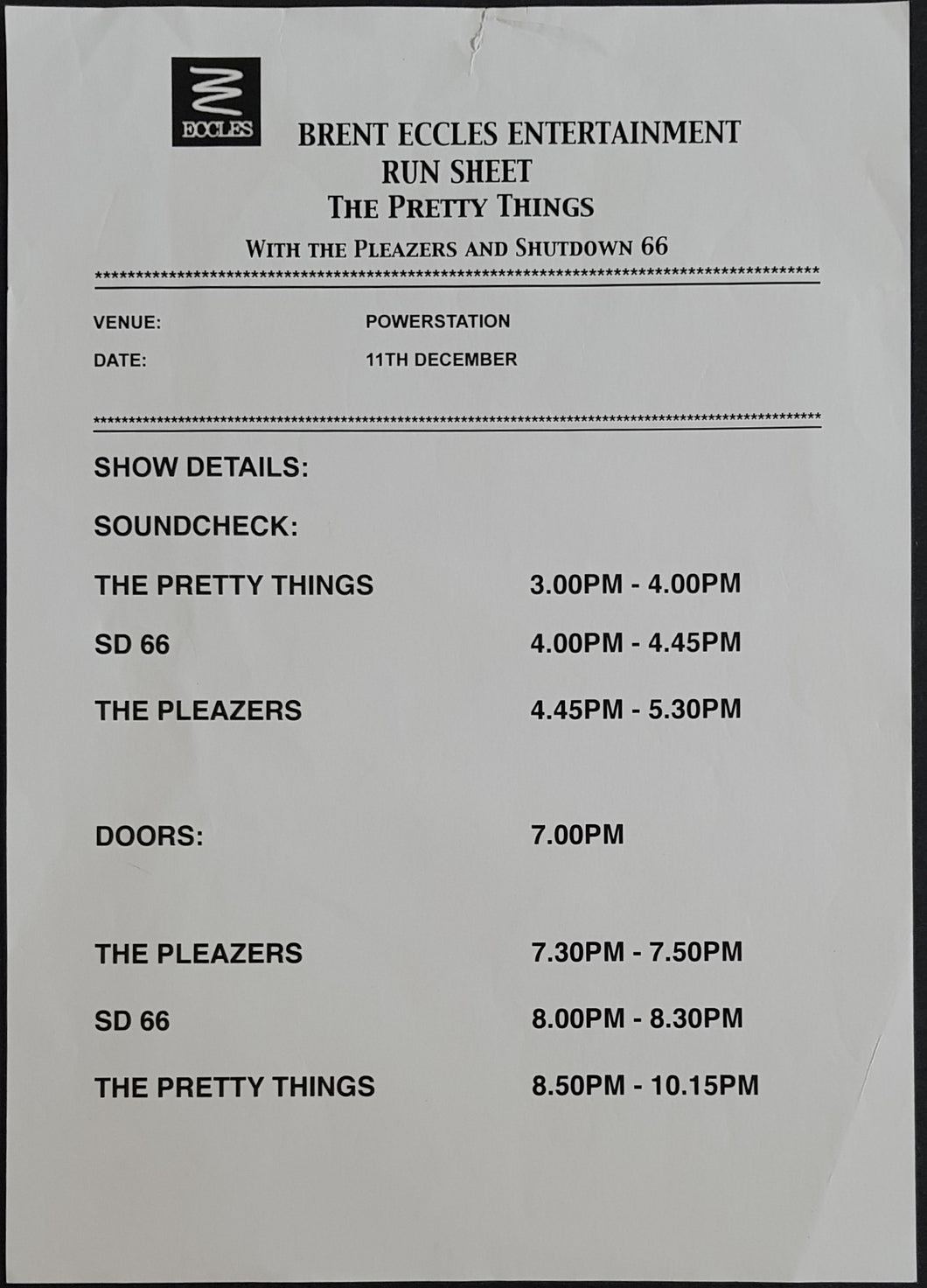 Pretty Things - Running Sheet & Set List